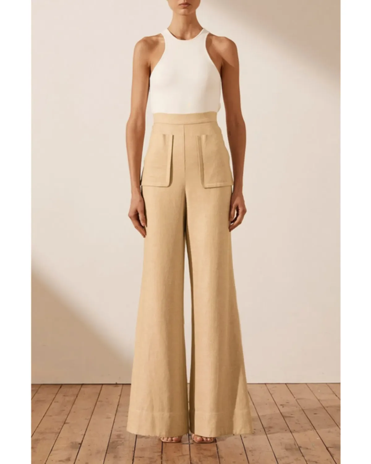 Shona Joy Carmen Linen Flared Pant Beige Size AU 6 - Image 1