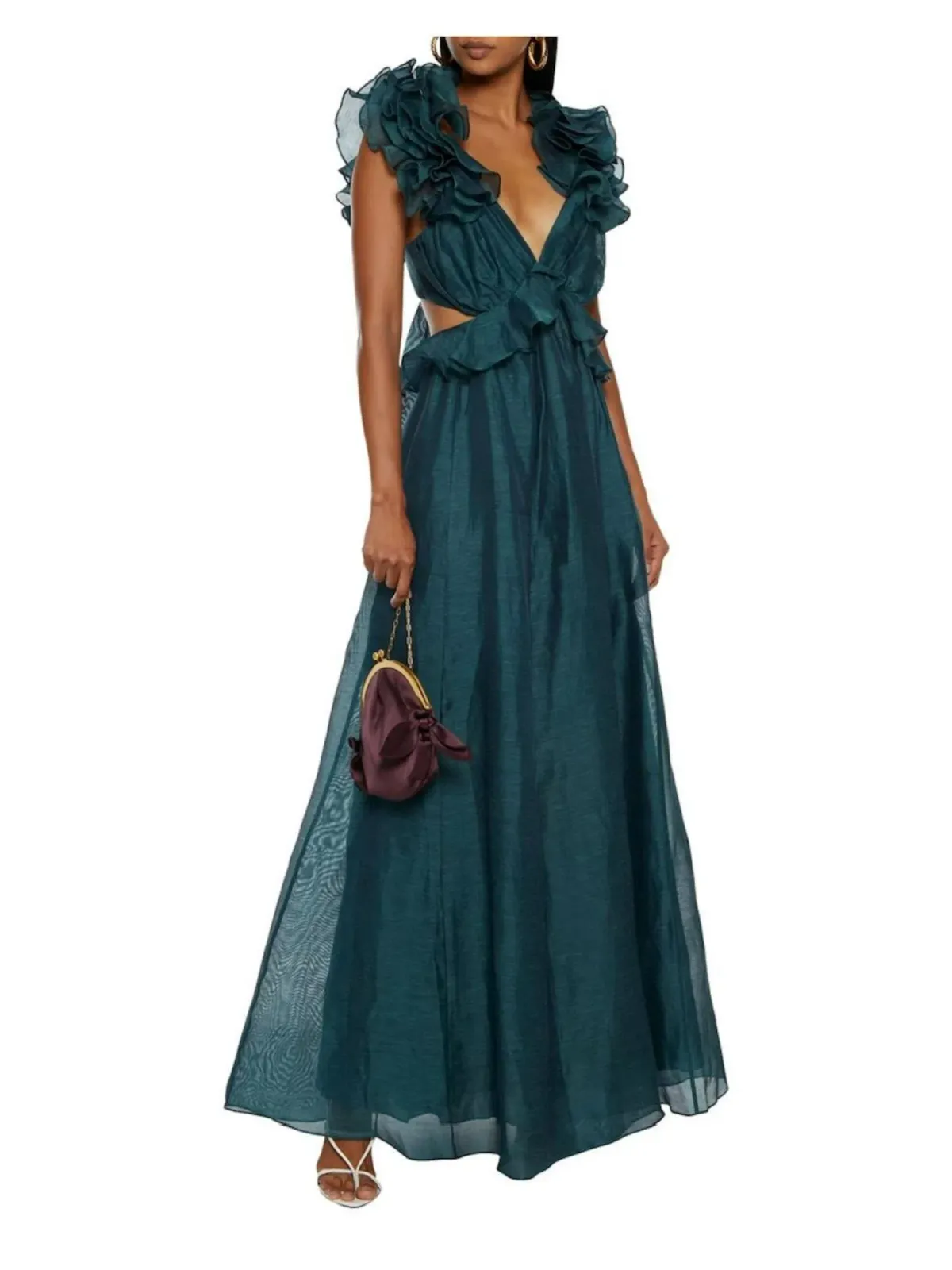 Zimmermann Ladybeetle Ruffled Linen and Silk Blend Gown in Bottle Green Size 0P / AU 6 - Image 1