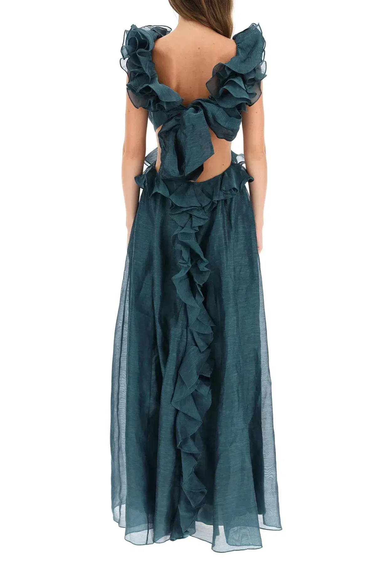 Zimmermann Ladybeetle Ruffled Linen and Silk Blend Gown in Bottle Green Size 0P / AU 6 - Image 2