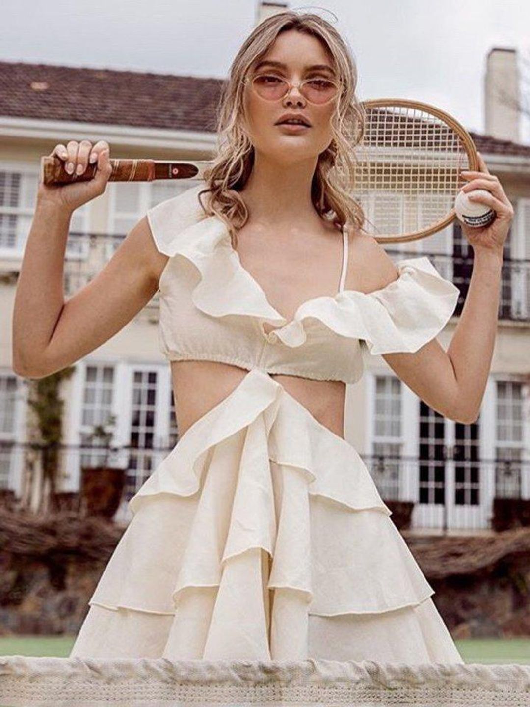 Sofia The Label Rose Mini Dress Cream Size 8 for rent on The Volte - main image