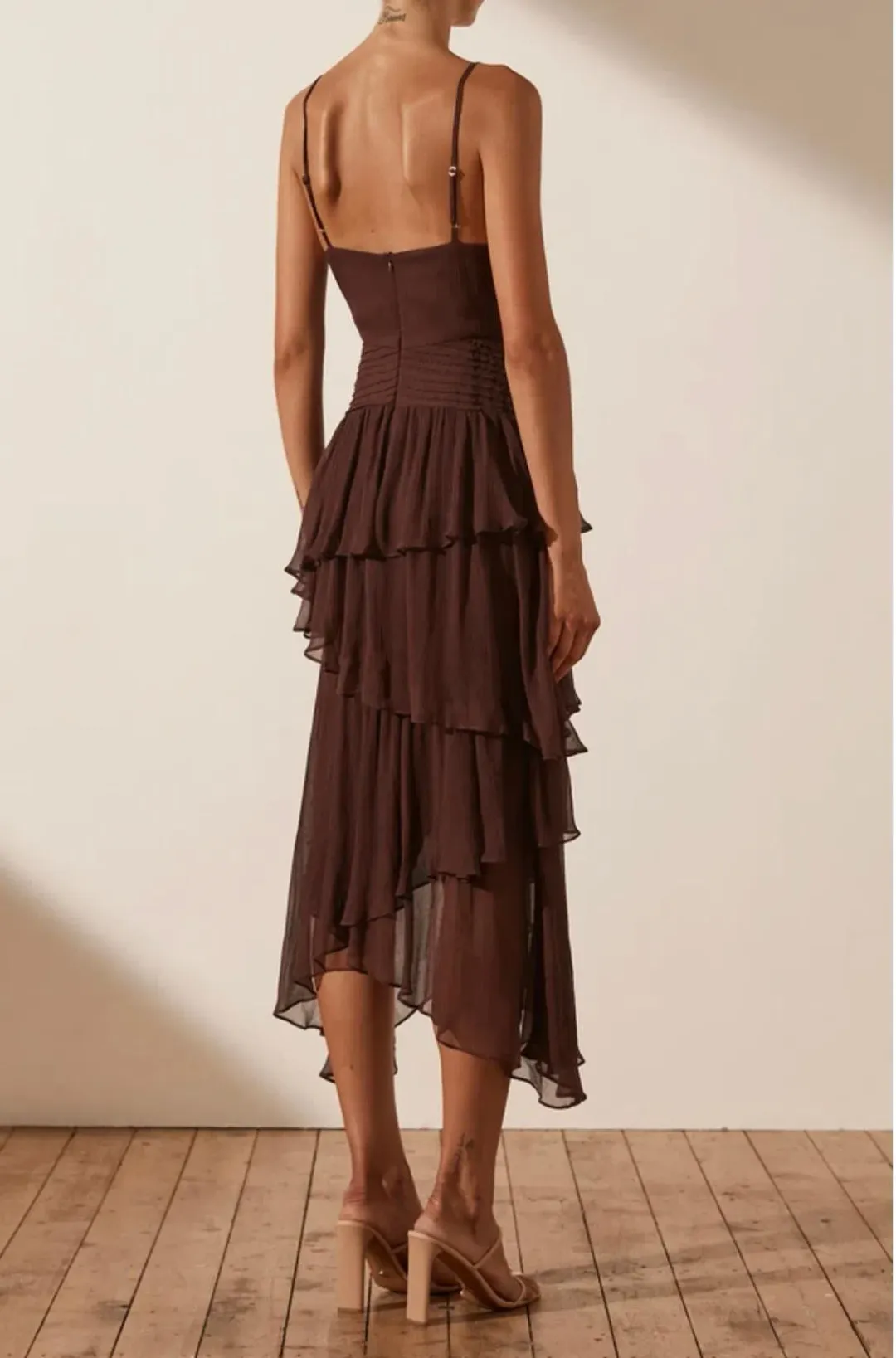 Shona Joy Olympia Pin Tuck Frill Midi Dress - Chocolate  for rent on The Volte - main image