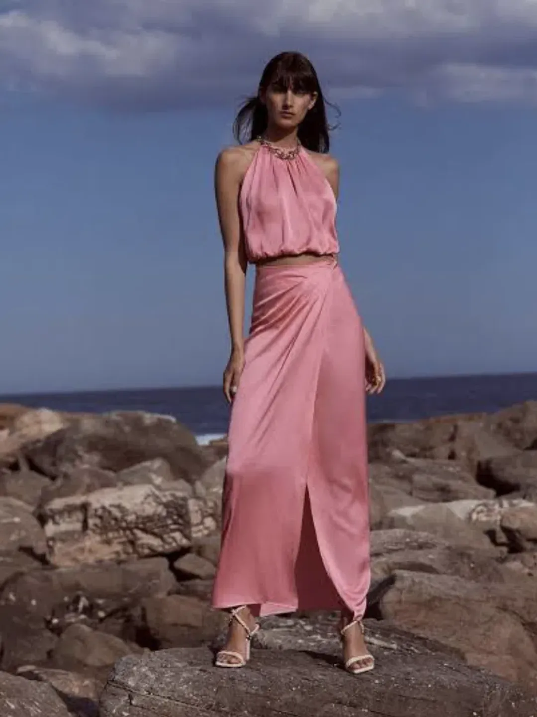 Scanaln Theodore Pink Textured Silk Long Wrap Skirt and Adjustable Halter Top for rent on The Volte - main image