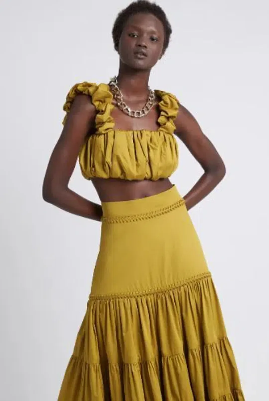 Aje Medina Cropped Top and Casabianca Tiered Skirt Set Yellow Size 8 for rent on The Volte - main image