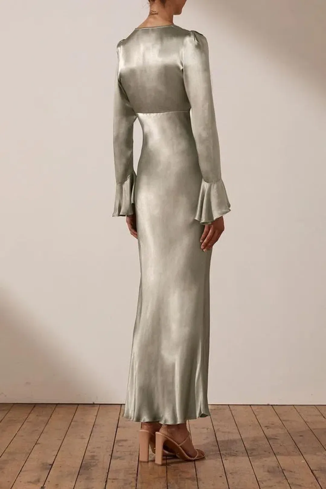 Shona Joy LA LUNE FRILL CUFF BIAS MIDI DRESS - SAGE for rent on The Volte - main image