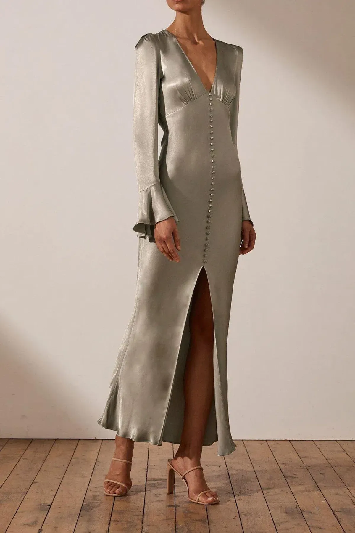 Shona Joy LA LUNE FRILL CUFF BIAS MIDI DRESS - SAGE - Image 1