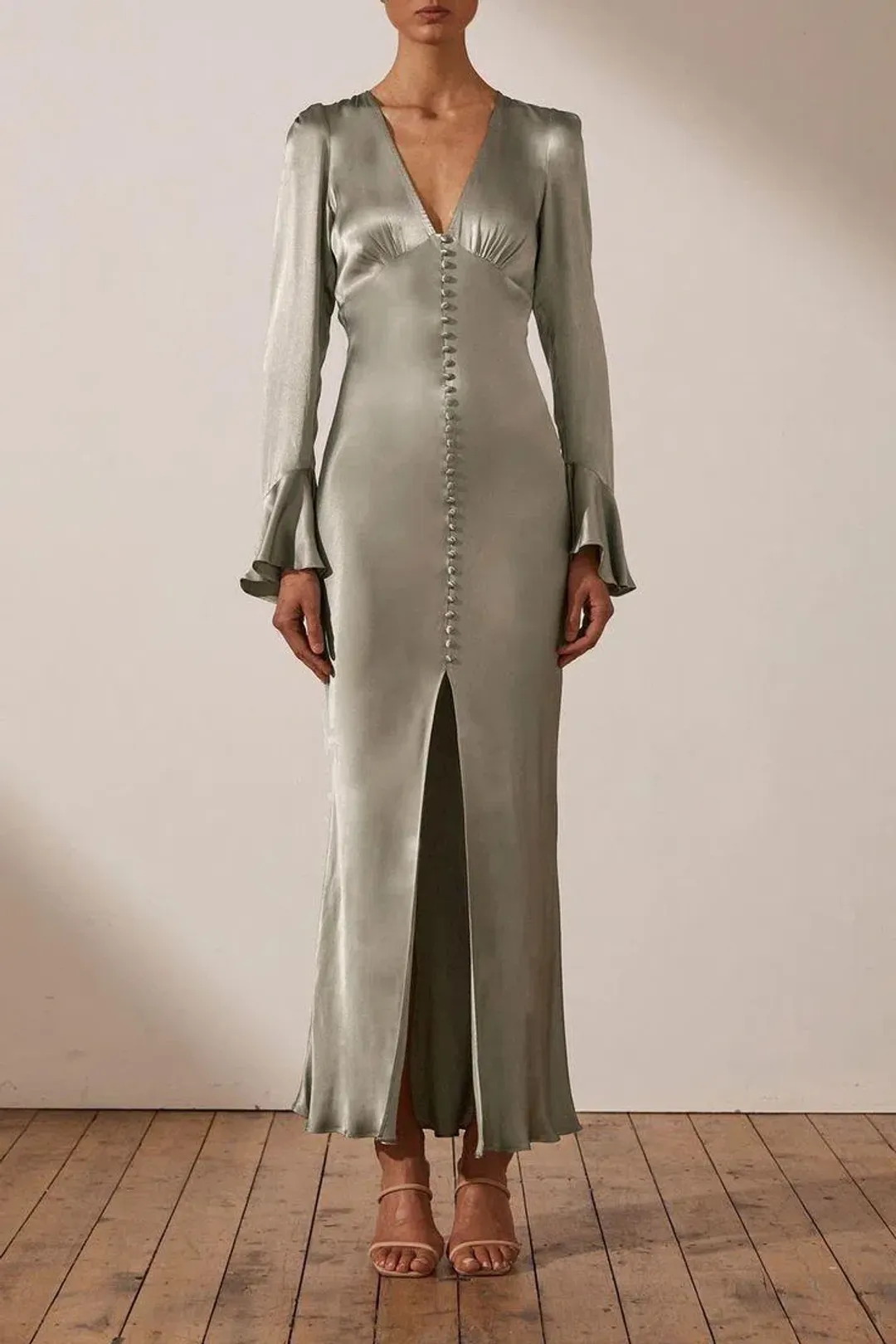 Shona Joy LA LUNE FRILL CUFF BIAS MIDI DRESS - SAGE for rent on The Volte - main image