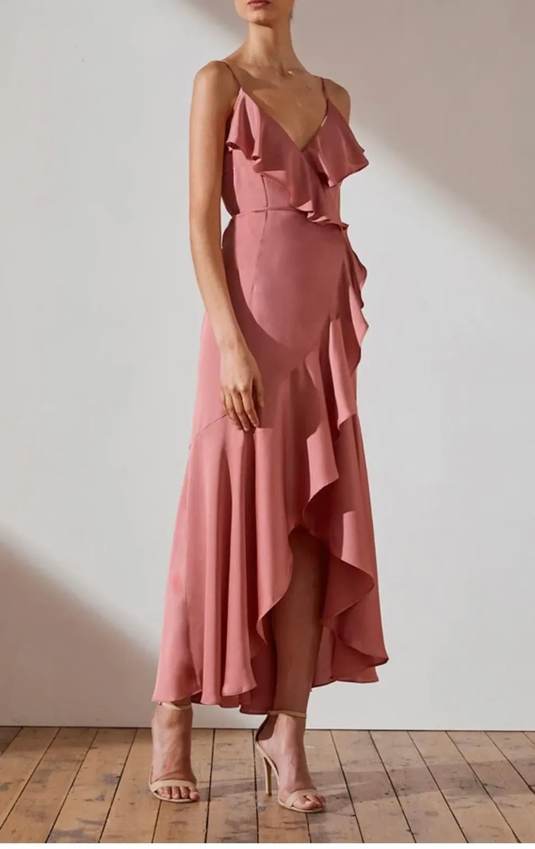 Shona Joy Luxe Bias Frill Wrap Dress Rose Size 8 for rent on The Volte - main image