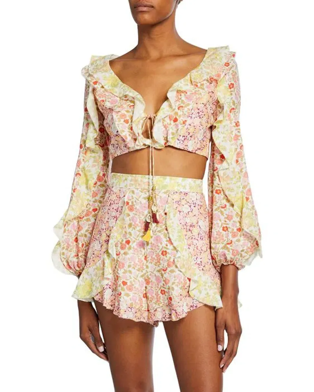 Zimmermann Goldie Splice Frill Crop Top and Short Set Print Size 6 for rent on The Volte - main image