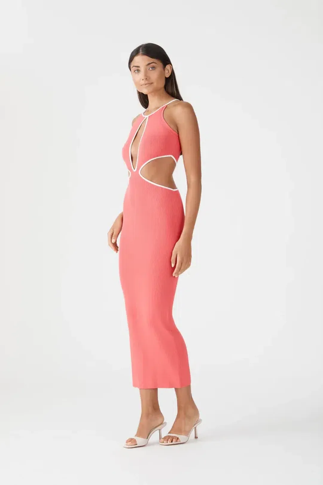 San Sloane Adrian Rib Midi Dress Coral-White Size 6  for rent on The Volte - main image