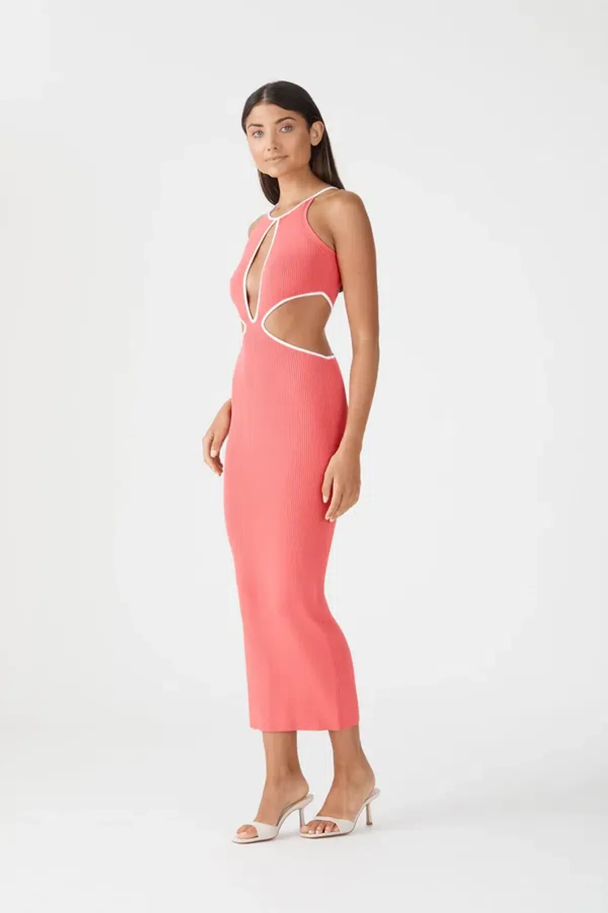 San Sloane Adrian Rib Midi Dress Coral-White Size 6  - Image 3