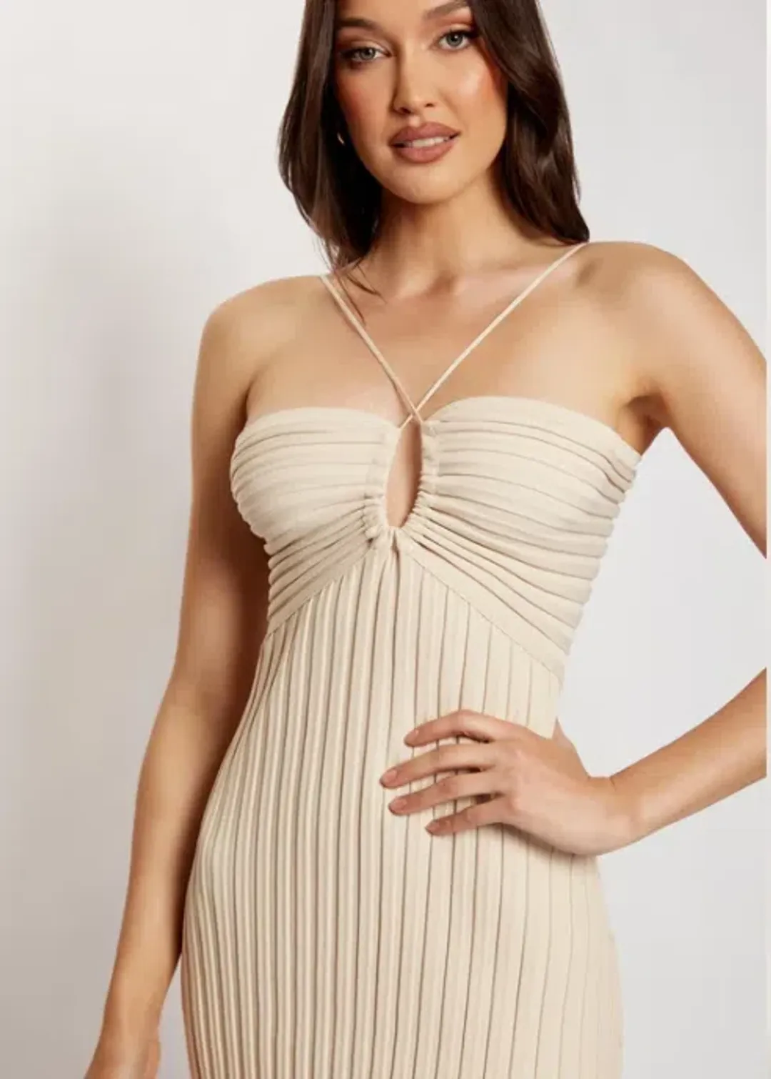 Meshki Lori Ruched Front Knit Midi Dress Champagne Size S for rent on The Volte - main image