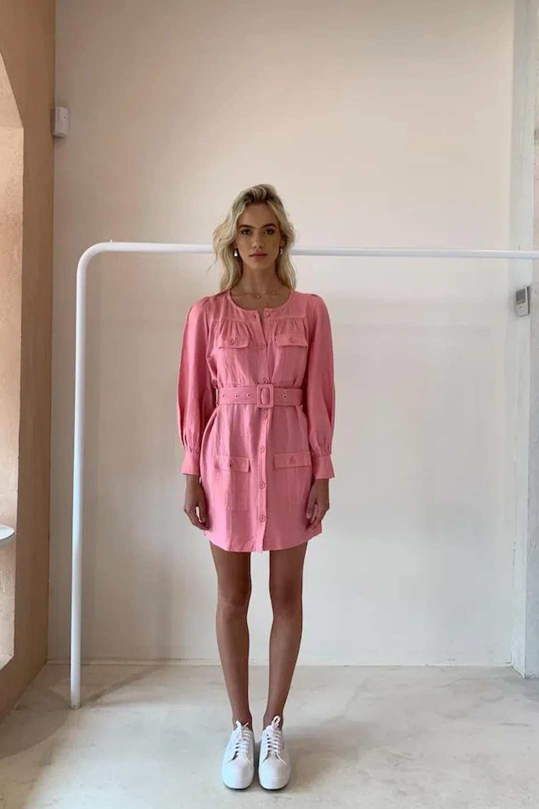 Steele Geneva Detailed Button Up Dress Pink Size L for rent on The Volte - main image