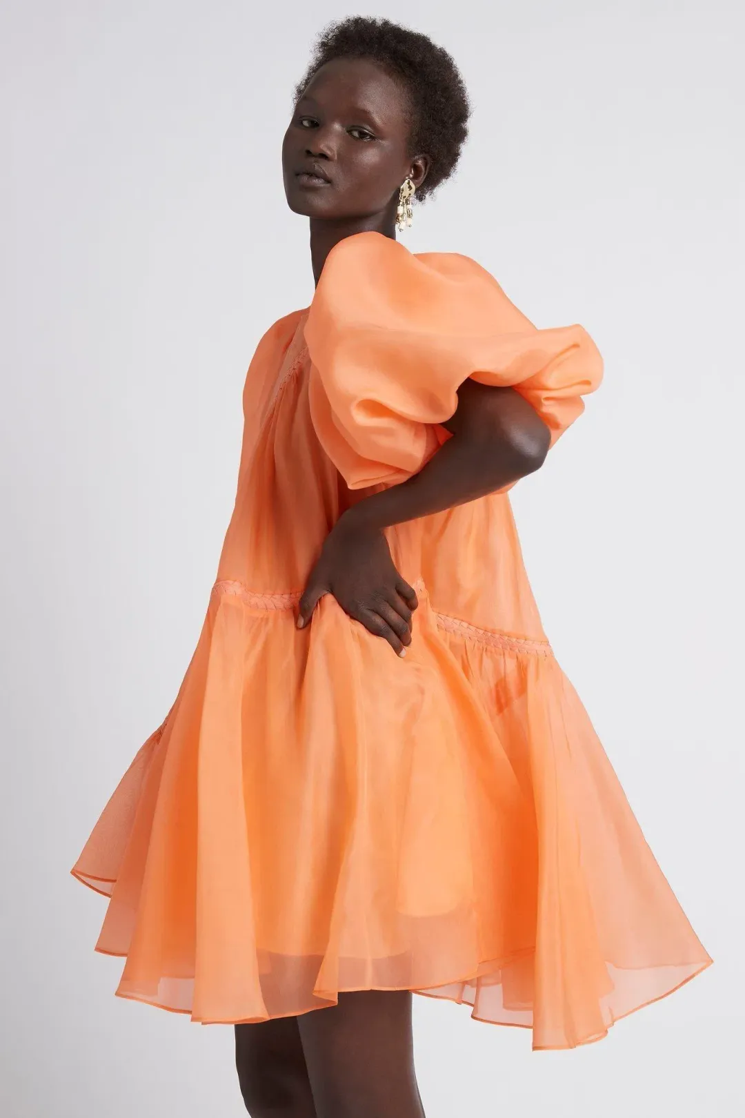 Aje Riviera Asymmetric Braided Puff Sleeve Smock Dress Mandarin Orange Size 6 for rent on The Volte - main image