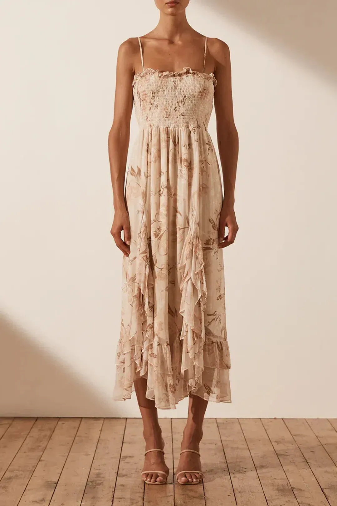 Shona Joy Shirred Midi Dress Print Size 8 for rent on The Volte - main image