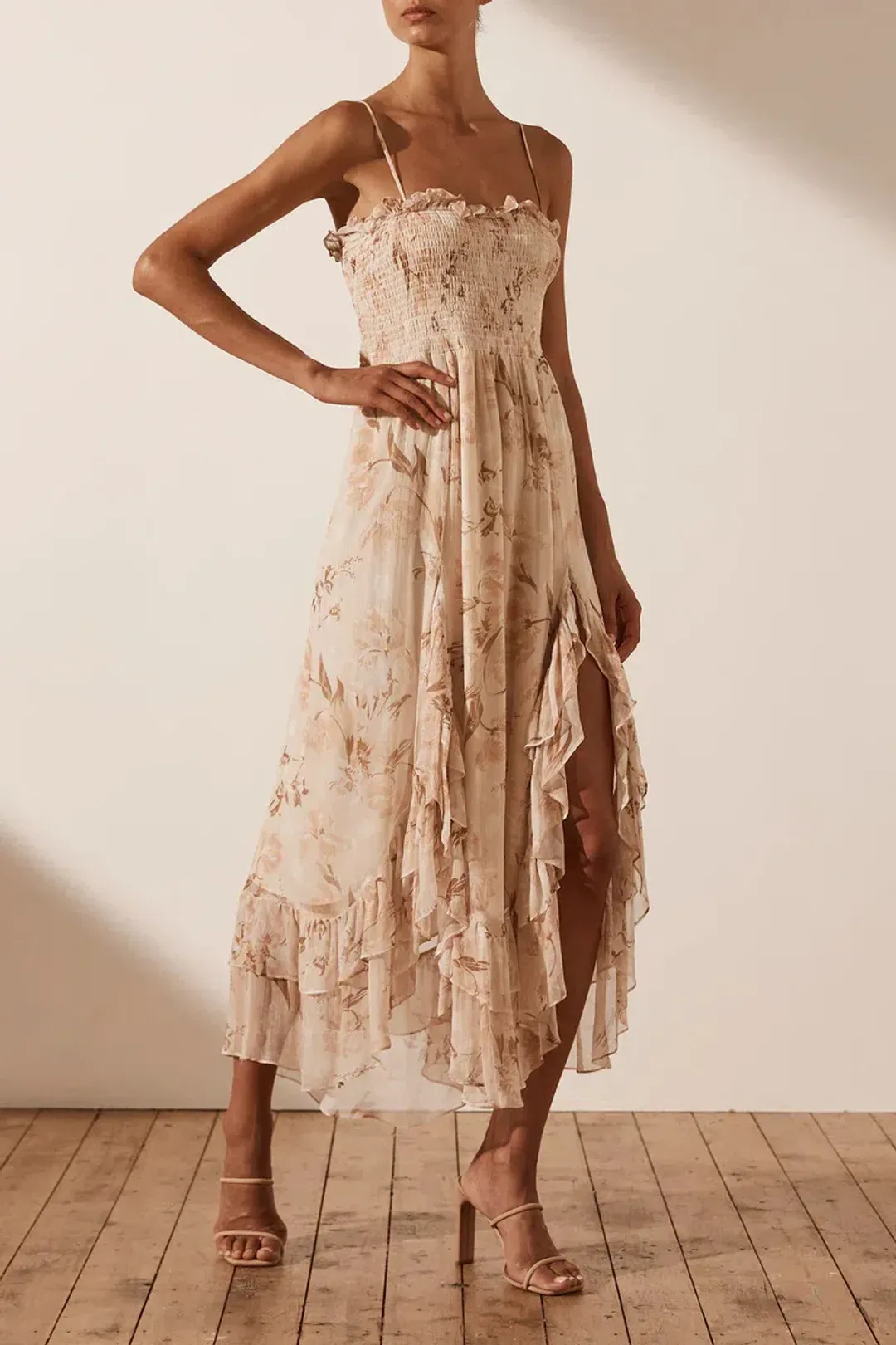 Shona Joy Shirred Midi Dress Print Size 8 for rent on The Volte - main image