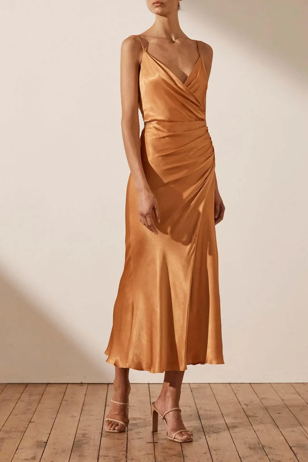 SHONA JOY GALA DRAPED MIDI DRESS GOLDEN OAK for rent on The Volte - main image