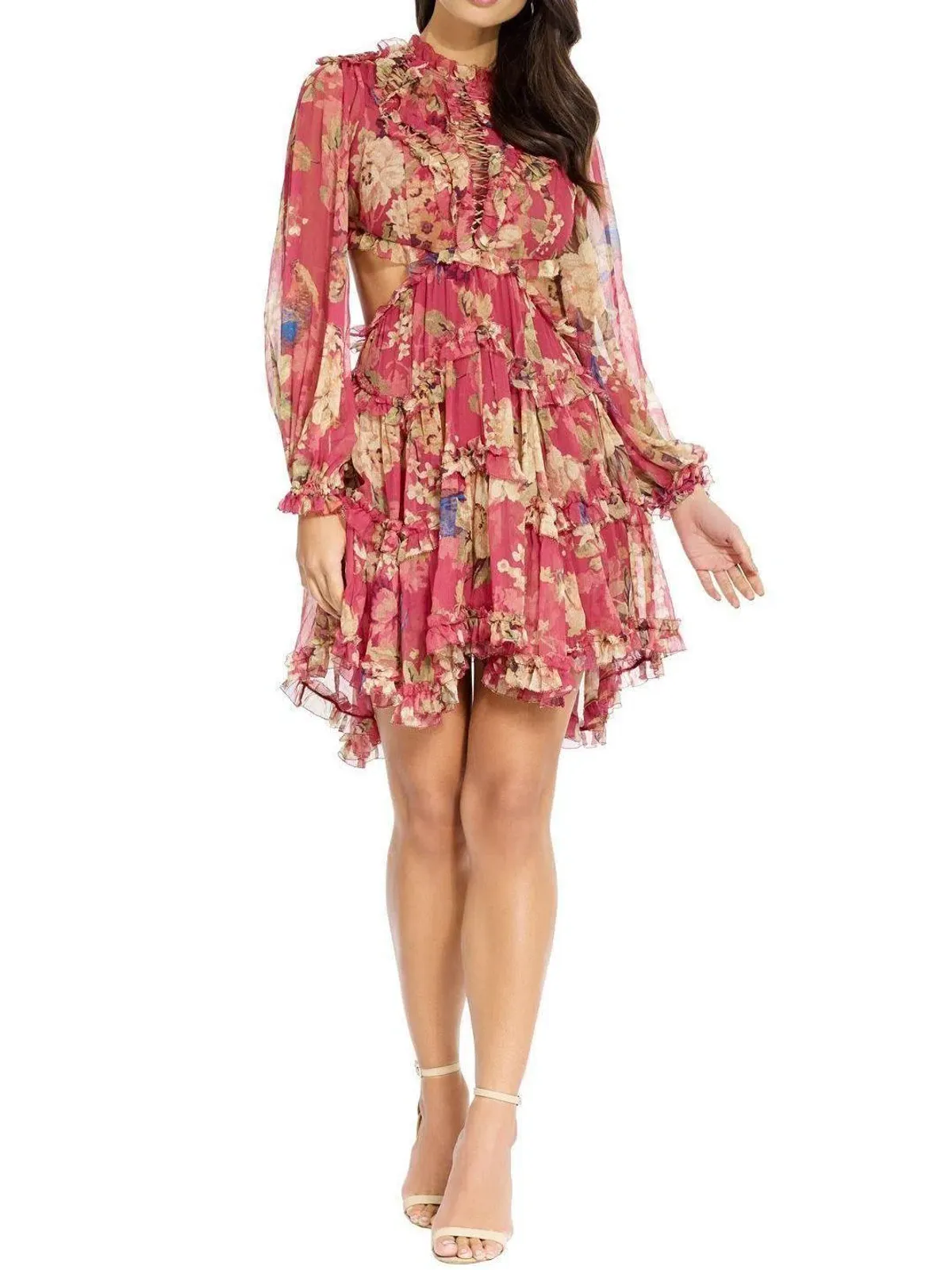 Zimmermann Melody Lace Up Short Dress Burgundy/Floral Size 6 - Image 4