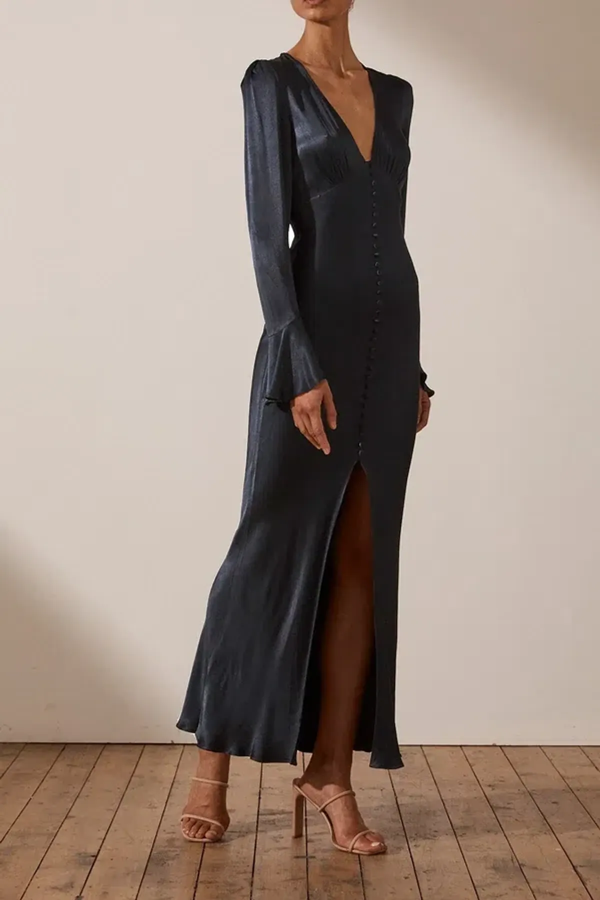 Shona Joy La Lune Frill Cuff Bias Midi Dress Midnight Size 8 - Image 2