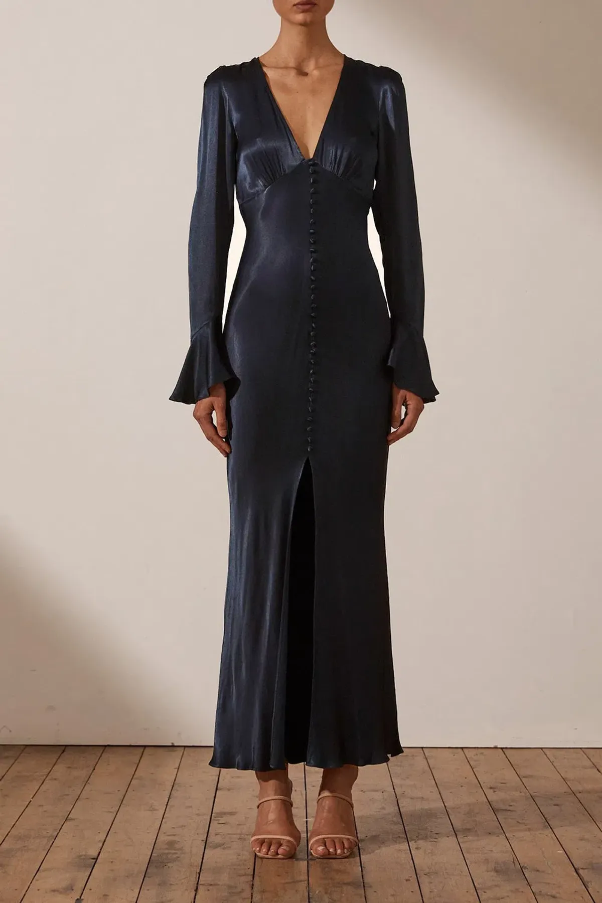 Shona Joy La Lune Frill Cuff Bias Midi Dress Midnight Size 8 - Image 1