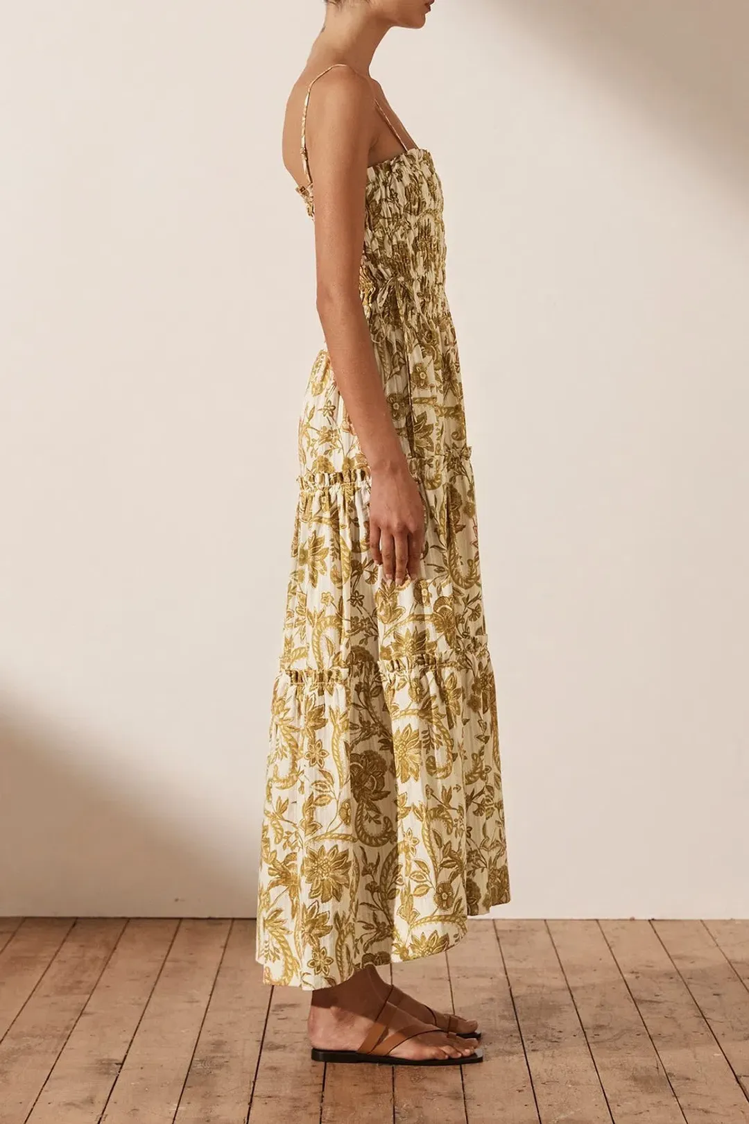 Shona Joy Saffron Shirred Tiered Midi Dress Floral Size 8 for rent on The Volte - main image