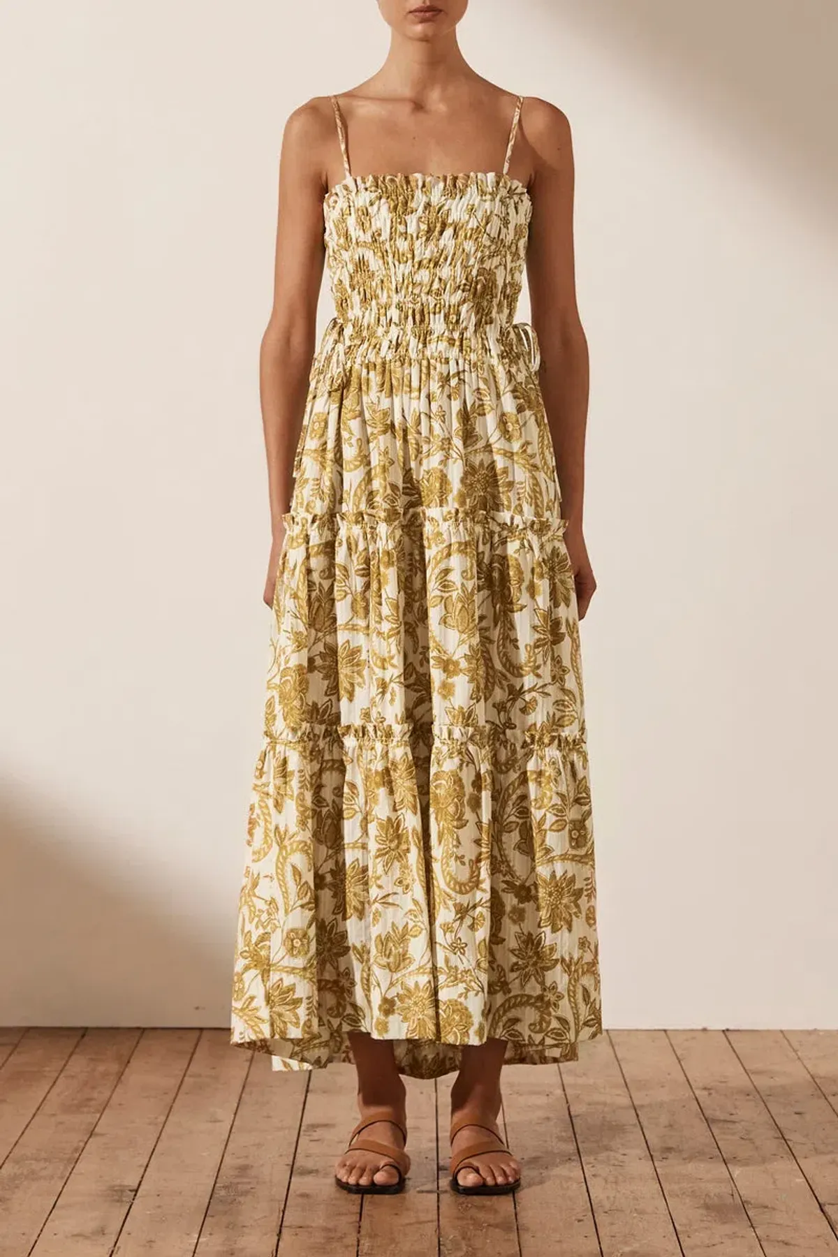 Shona Joy Saffron Shirred Tiered Midi Dress Floral Size 8 - Image 1