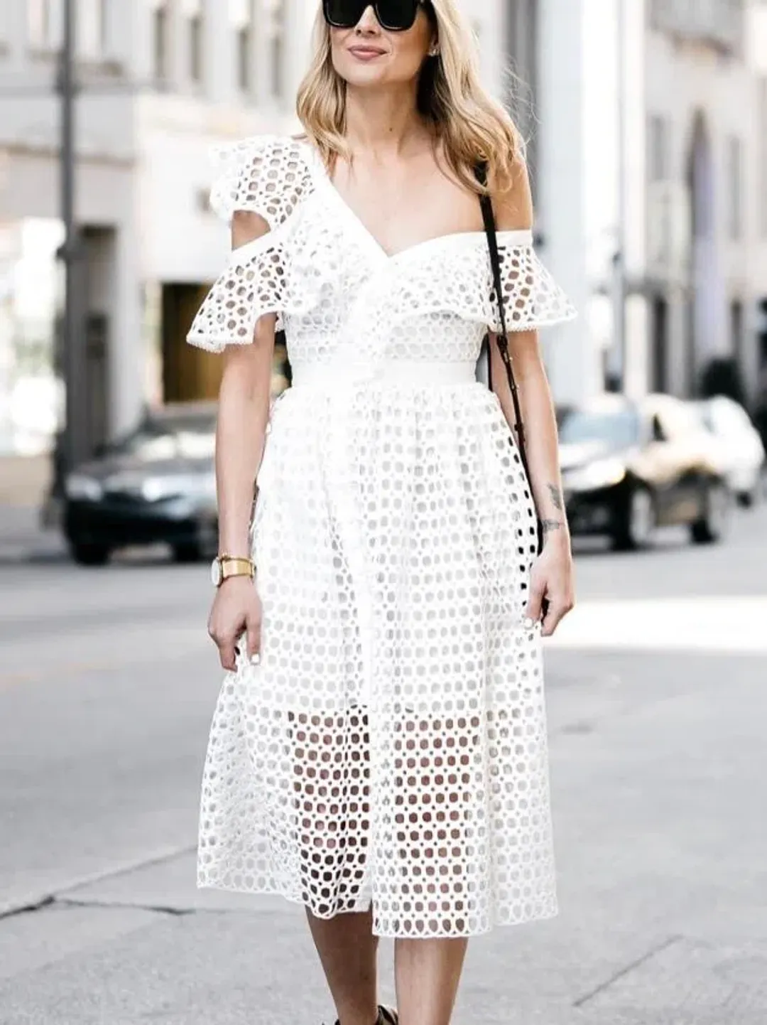 Self Portrait Asymmetric Ruffle Off the Shoulder Dress White Size 14 for rent on The Volte - main image