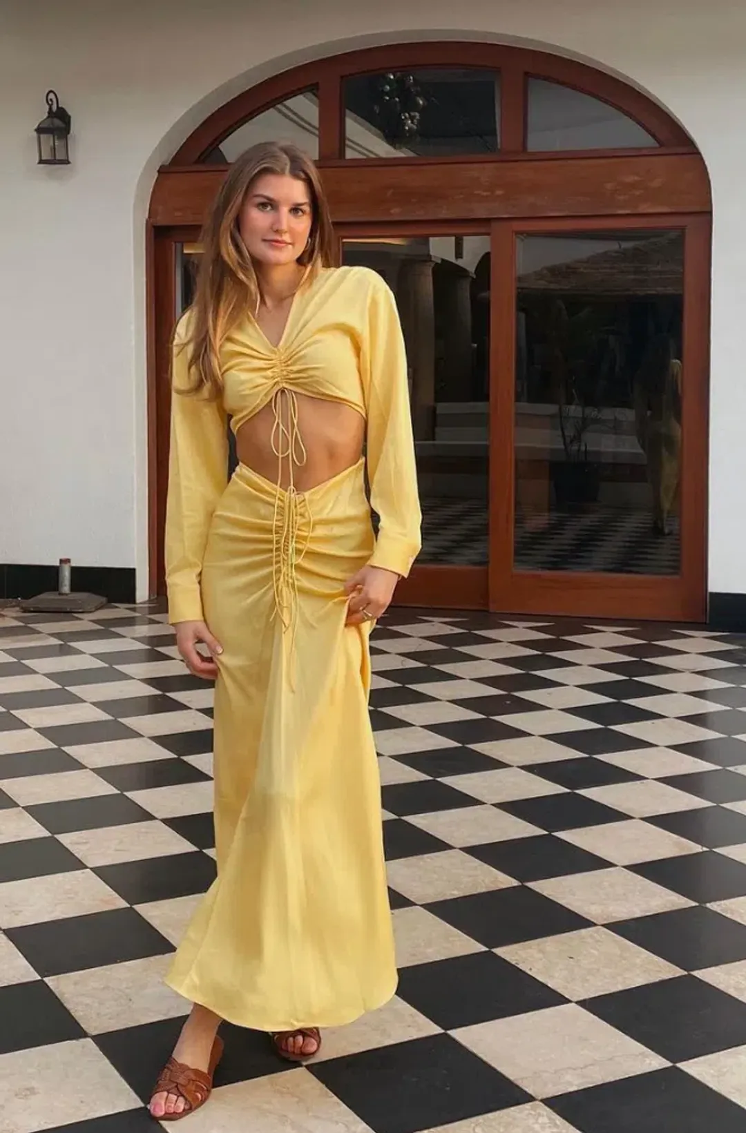 Christopher Esber Ruched Cutout Woven Maxi Dress Yellow Size 10 for rent on The Volte - main image