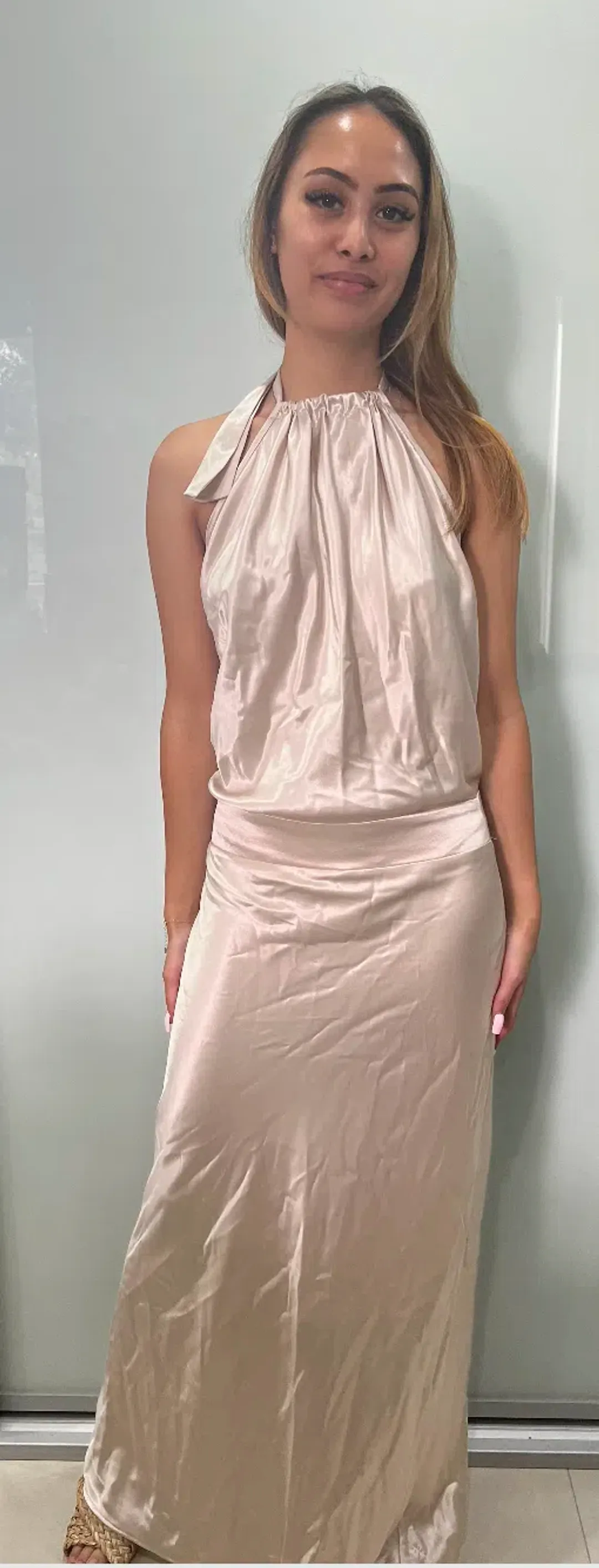 Sheike Satin Halter Maxi Dress Cream Size 6 for rent on The Volte - main image