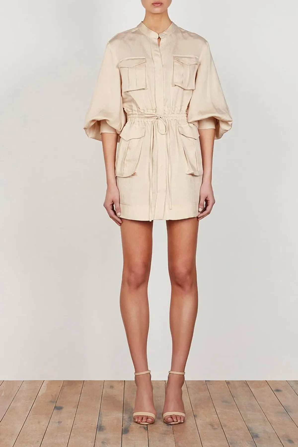 Shona Joy Ellington Linen Balloon Sleeve Mini Dress Cream Size 8 - Image 1