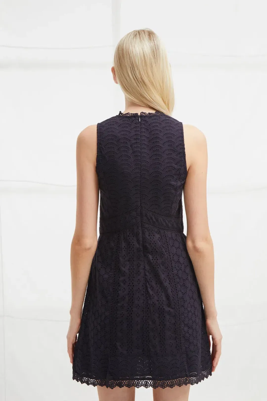 French Connection Zhara Lace Panelled Dress Utility Blue Size 8 for rent on The Volte - main image