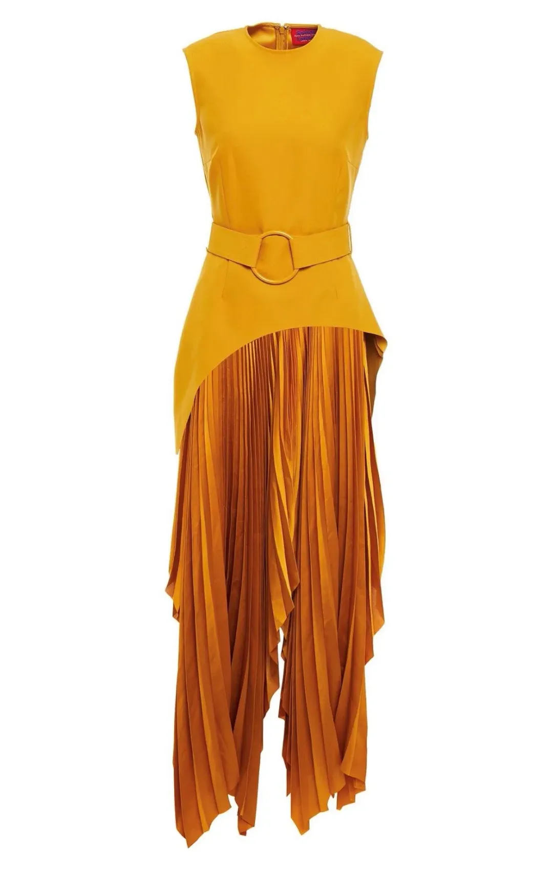 Solace London Belted Crepe-panelled Plissé Satin Maxi Dress Yellow Size 12 for rent on The Volte - main image