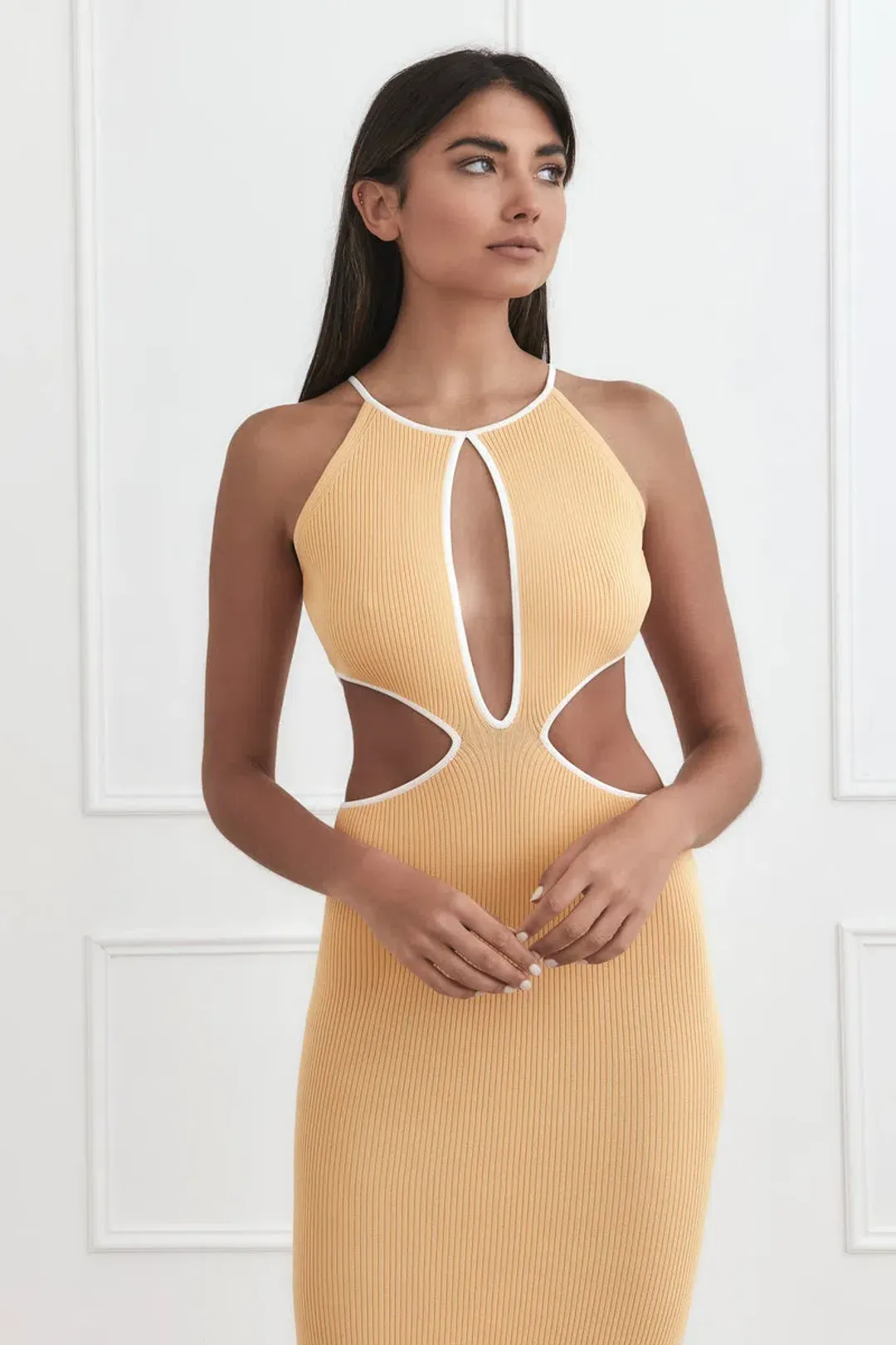 San Sloane Adrian Rib Midi Dress Yellow Size 8  for rent on The Volte - main image
