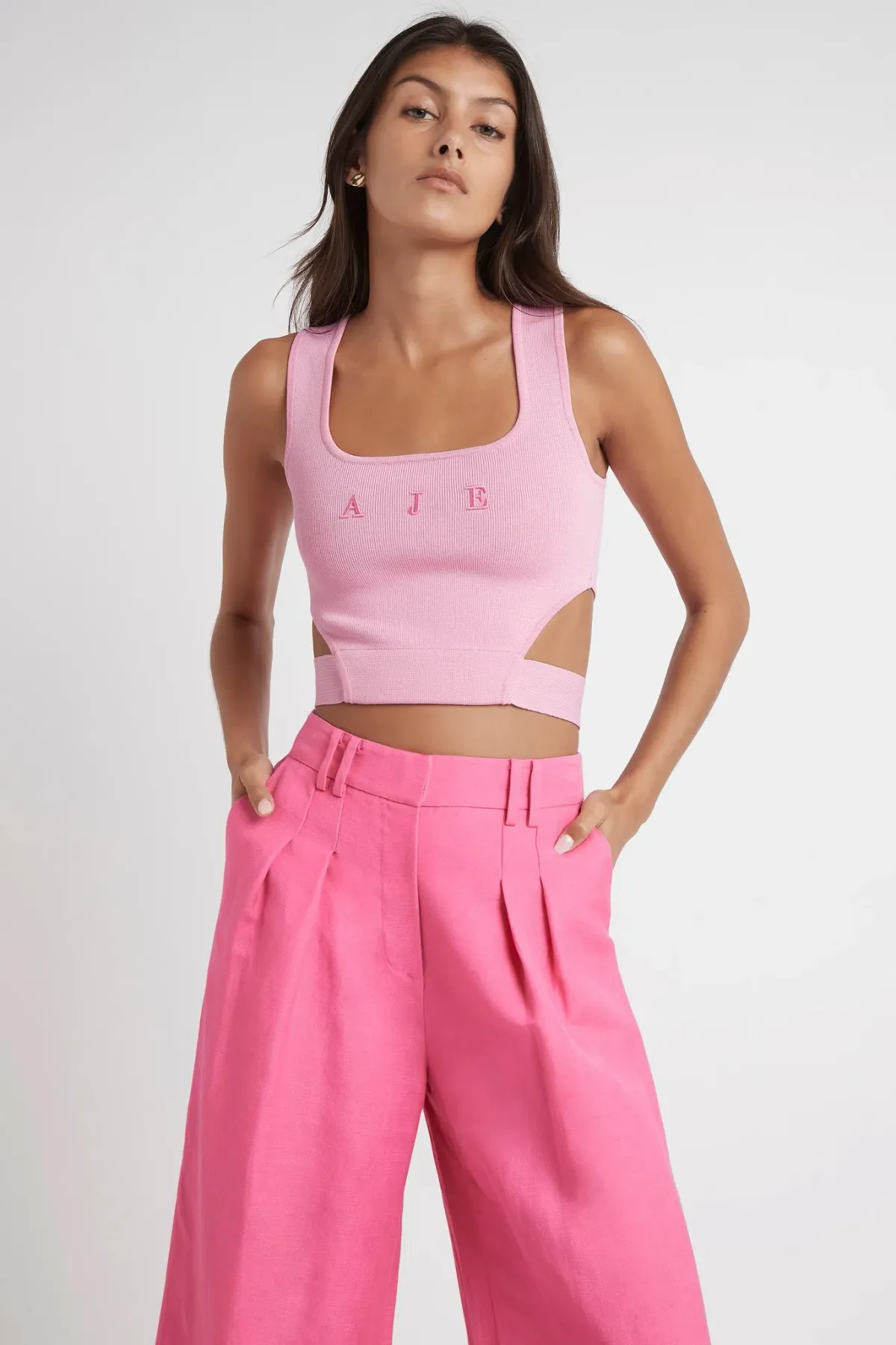 Aje Livadi Cropped Tie Knit Logo Top Pink Size 6 - Image 1