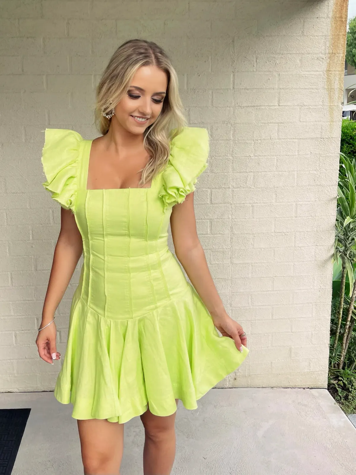 Aje Breathless Frill Sleeve Mini Dress in Lime Green Dress Size 8 - Image 1