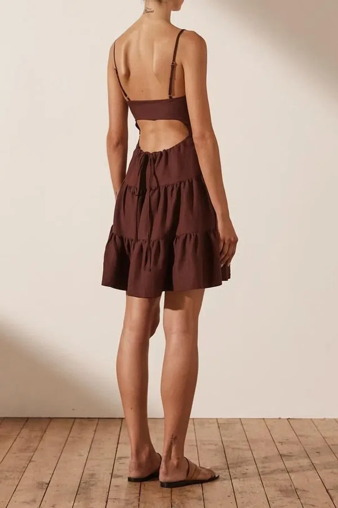 Shona Joy Rubi Lace Up Mini Dress in Cocoa Brown Size 10 for rent on The Volte - main image