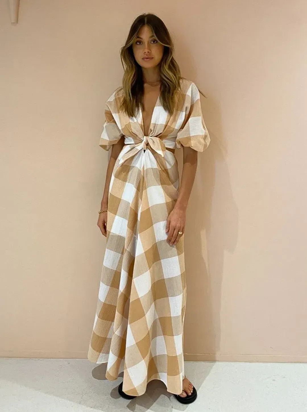 Significant Other Frida Dress in Caramel Check Print Size 10 for rent on The Volte - main image