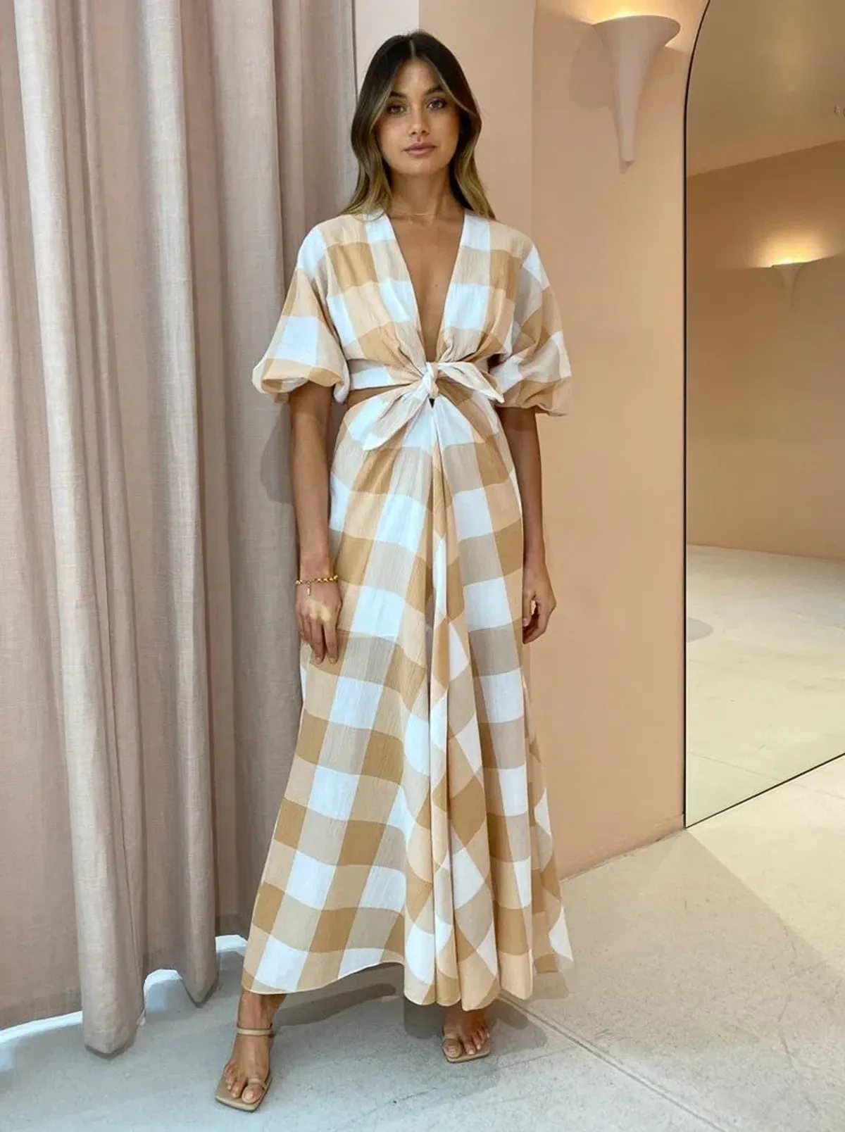 Significant Other Frida Dress in Caramel Check Print Size 10 - Image 1