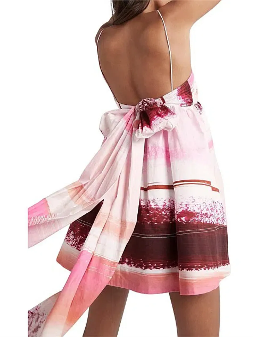 Aje Kasbah Sunset Stripe Ruched Bow Back Mini Dress Print Size 6 for rent on The Volte - main image