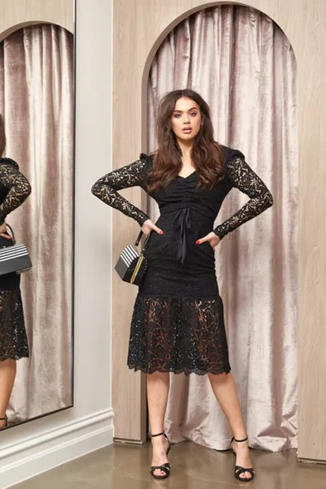 Rebecca Vallance Le Saint Ruched Lace Dress Black Size 6 for rent on The Volte - main image