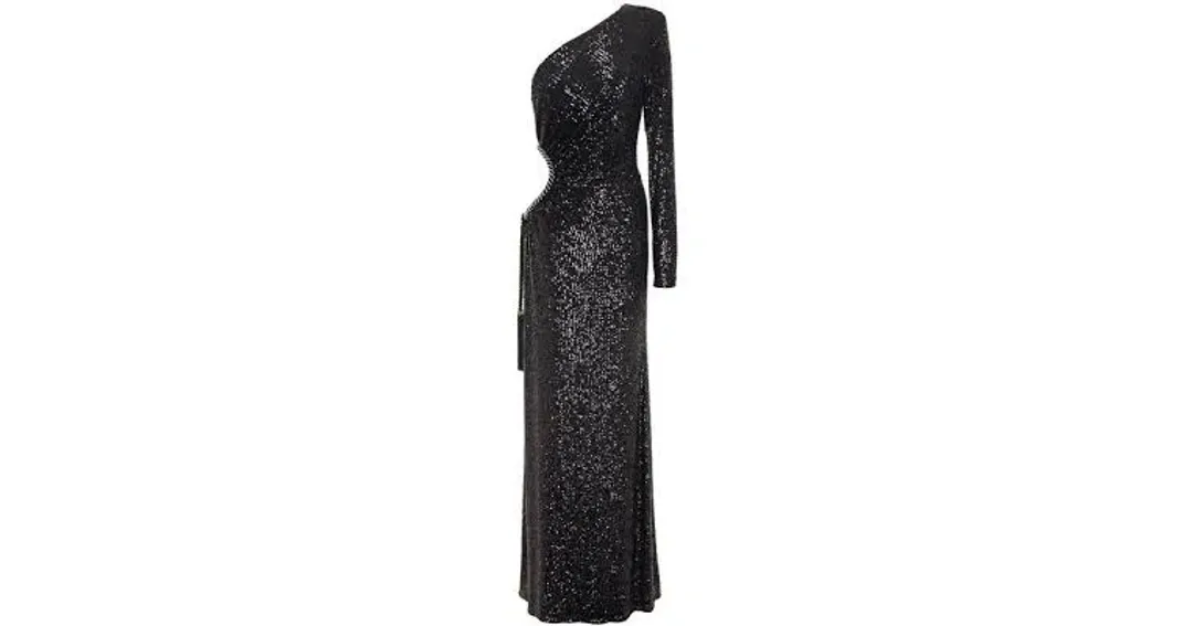 Dundas One Shoulder Cut Out Sequined Tulle Gown Black Size 8 for rent on The Volte - main image