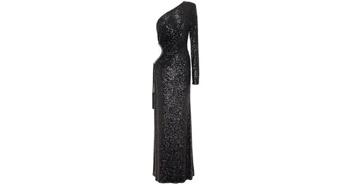 Dundas One Shoulder Cut Out Sequined Tulle Gown Black Size 8 - Image 3