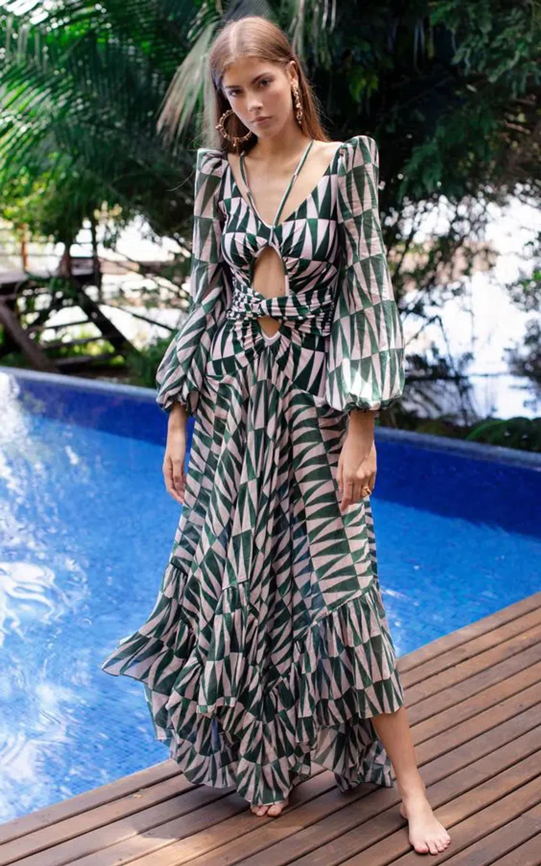 PatBO Long Sleeve Cut Out Dress Geo Print Size 8 for rent on The Volte - main image