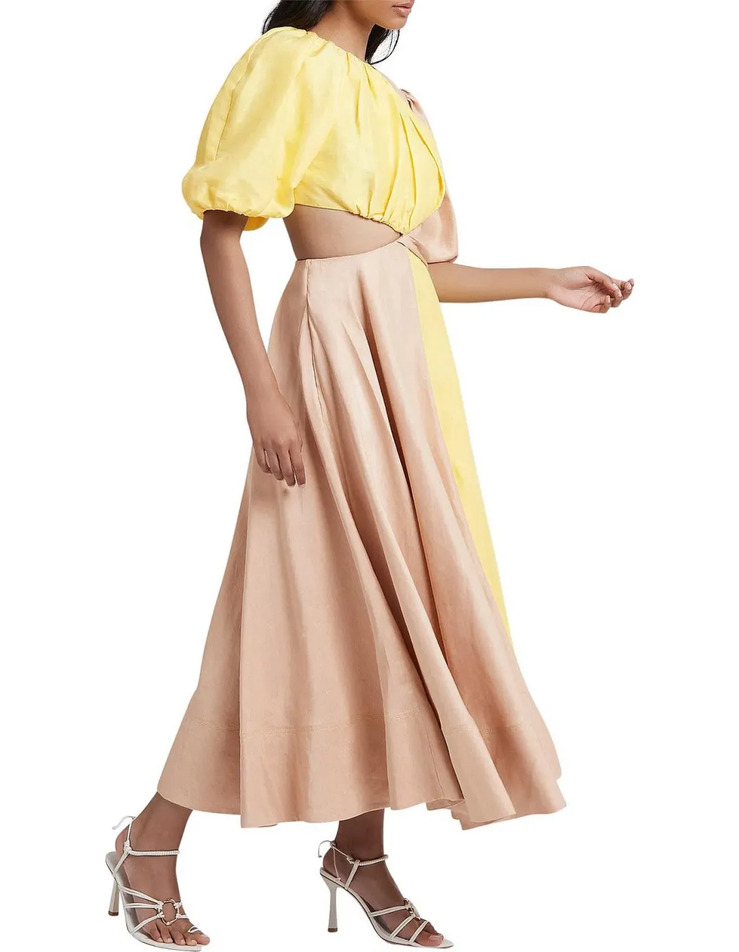 Aje Caliente Two Tone Puff Sleeve Dress Yellow Beige Size 8 for rent on The Volte - main image
