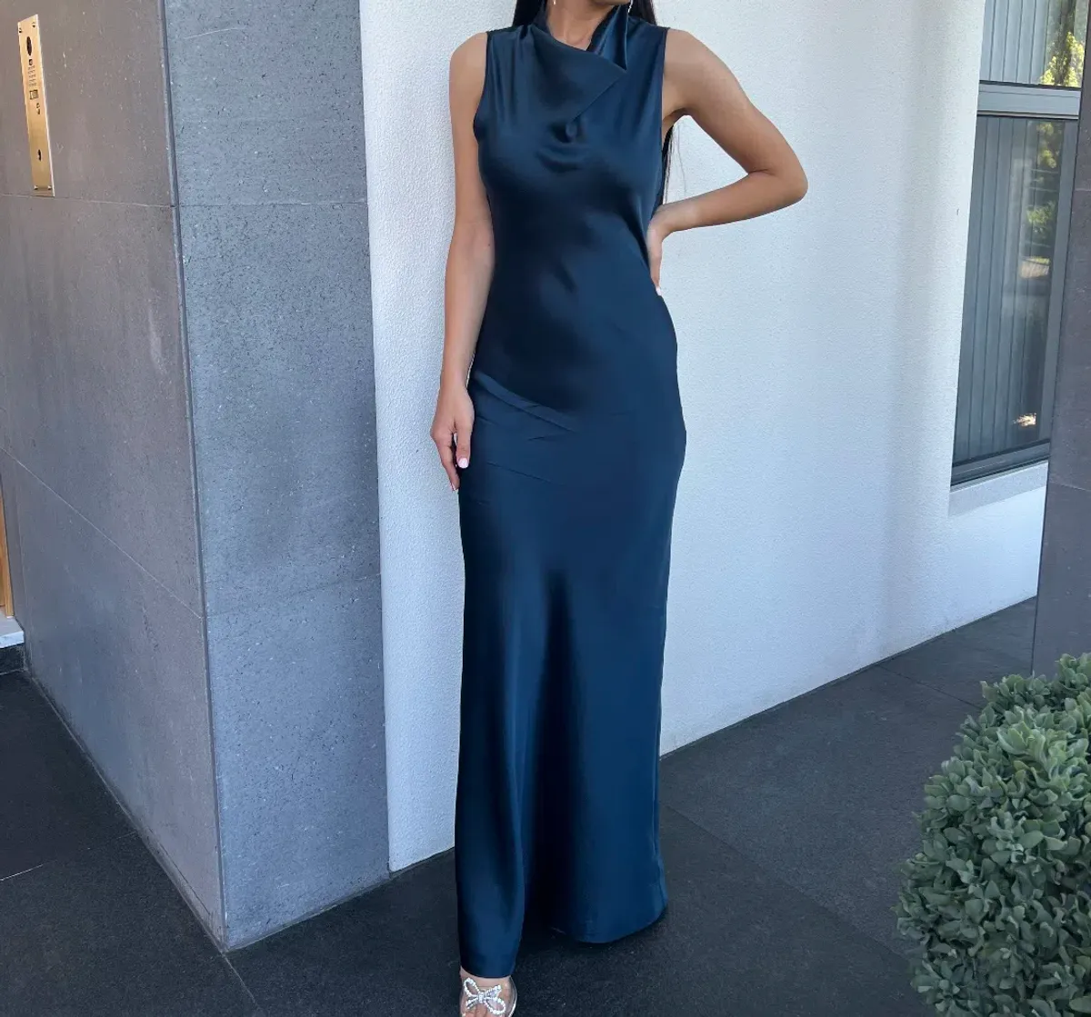 Navy Blue Satin floor length maxi Dress - Size 0 (Veronica Beard, Kura Satin Dress) - Image 4