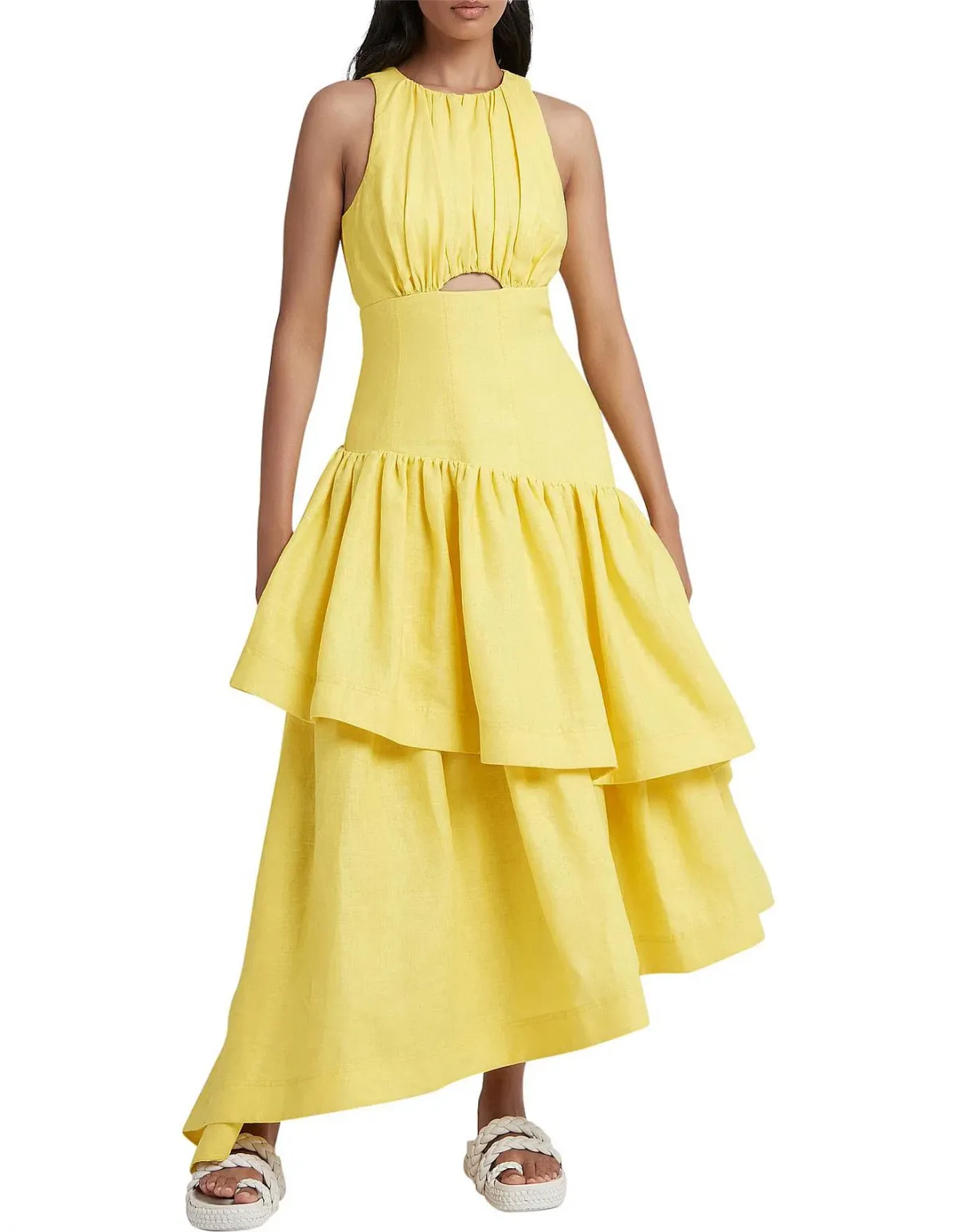 Aje Caliente Tiered Cut Out Midi Dress Yellow Size 10 - Image 1