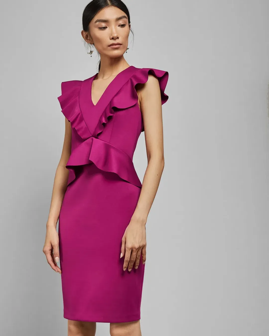 Ted Baker Alair Ruffle Peplum Bodycon Dress in Hot Pink Size 6 for rent on The Volte - main image
