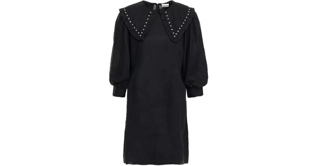 Ganni Studded Linen Mini Dress Black Size 8 for rent on The Volte - main image