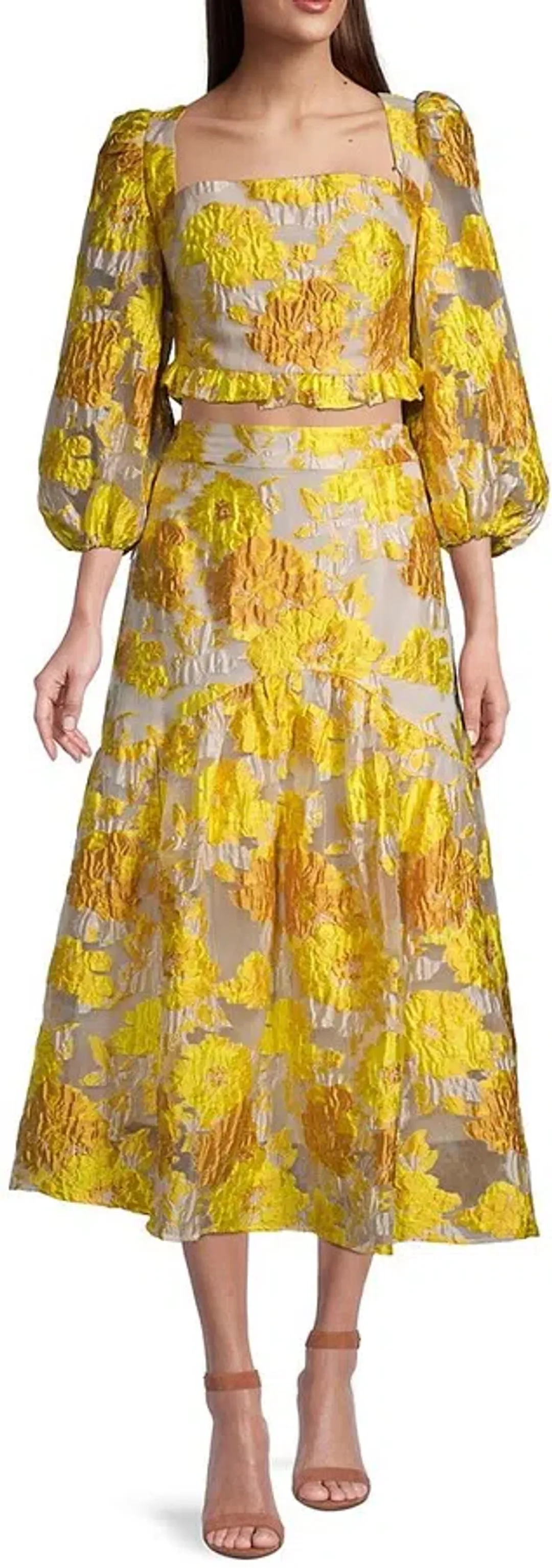 Elliatt Prowess Cropped Ruffle Top and High Rise Skirt Set Yellow Size 8 for rent on The Volte - main image