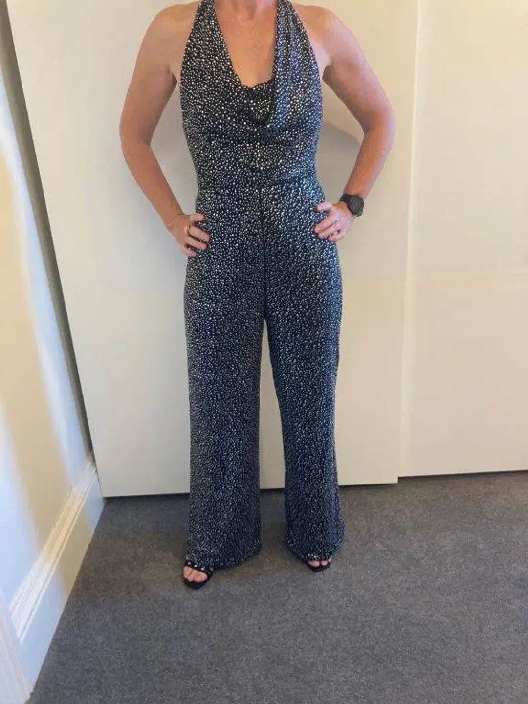 Alice and Olivia Salem Draped Crystal Embellished Halterneck Jumpsuit Black Size 8 for rent on The Volte - main image