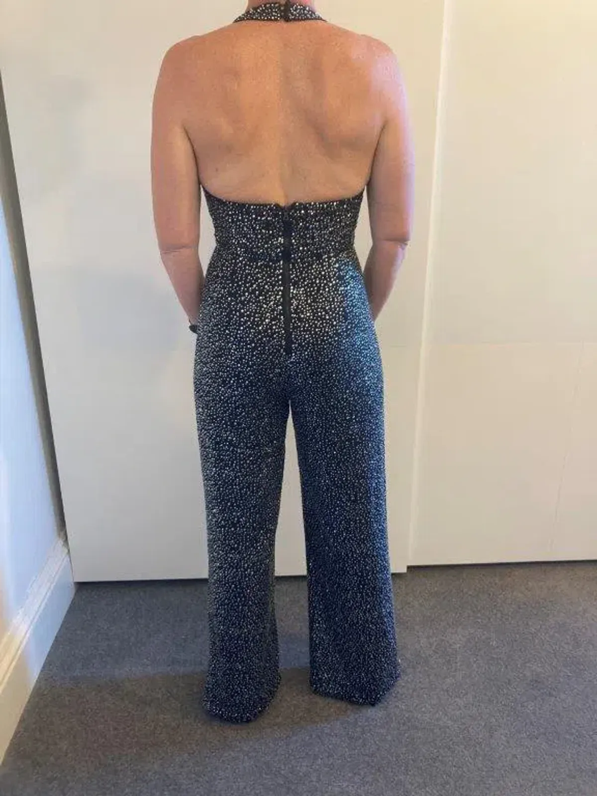 Alice and Olivia Salem Draped Crystal Embellished Halterneck Jumpsuit Black Size 8 - Image 3